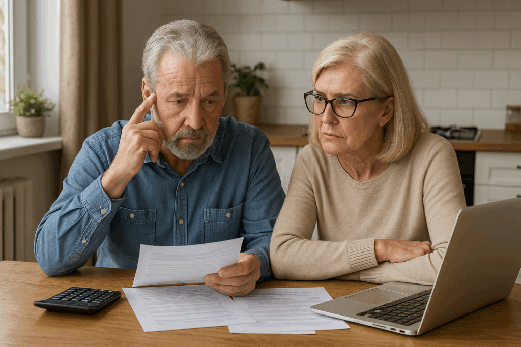 Couple sitting at a kitchen table looking at documents